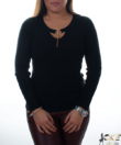 Kép 1/2 - Fekete bordázott nyaknál díszített sztreccs női pulóver 