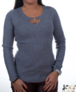 Kép 1/2 - Szürke bordázott nyaknál díszített sztreccs női pulóver 