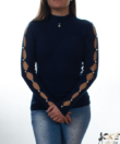 Kép 1/2 - Sötétkék bordázott,gyöngyös női kötött pulcsi 