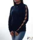 Kép 2/2 - Sötétkék bordázott,gyöngyös női kötött pulcsi 