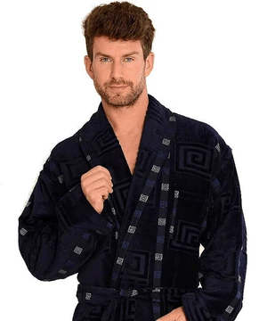 Férfi frottir fürdőköpeny sötétkék görög mintás