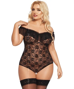Nagyméretű alul nyitott csipkés body fekete Kamila
