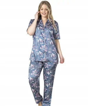 Szatén női pizsama szürke leveles