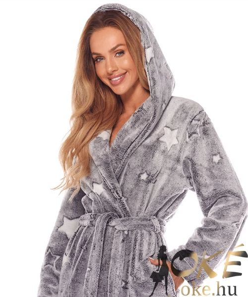 Exkluzív pihe puha női wellsoft hosszú női köntös szürke csillagos