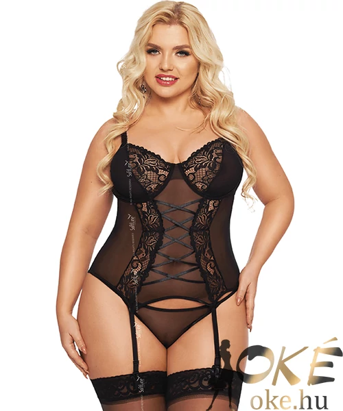 Nagyméretű 2 részes corset és bugyi szett fekete Brenda