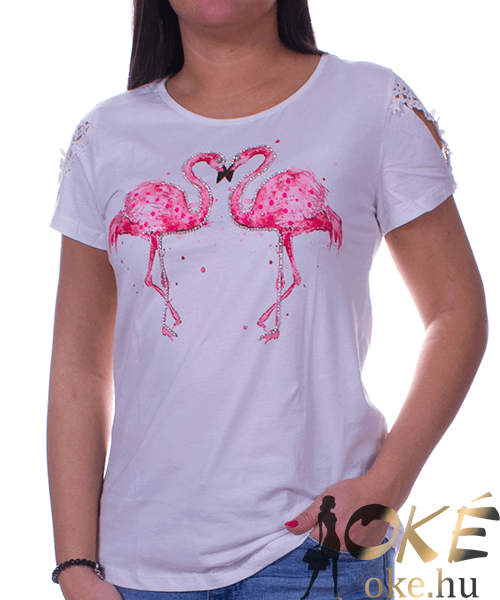 Fehér strasszos flamingós női felső