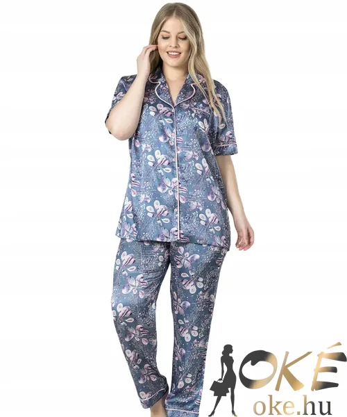 Szatén női pizsama szürke leveles