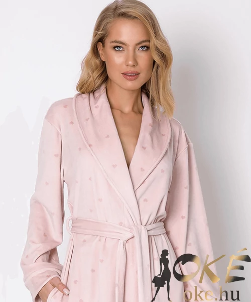 Hosszú plüss női köntös rózsaszín szivecskés