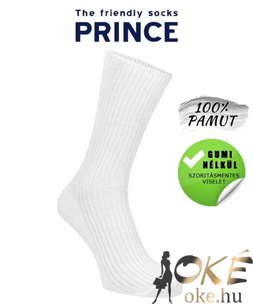 Gumi nélküli zokni 100% pamut fehér Prince