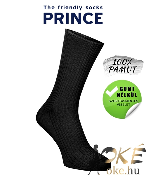 Gumi nélküli zokni 100% pamut fekete Prince