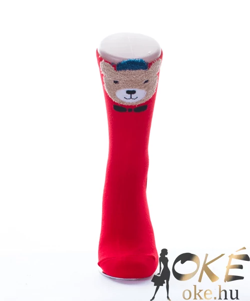 Piros macikás női pamut zokni 